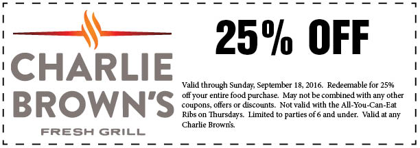 Charlie Browns Coupon March 2024 25% off at Charlie Browns fresh grill
