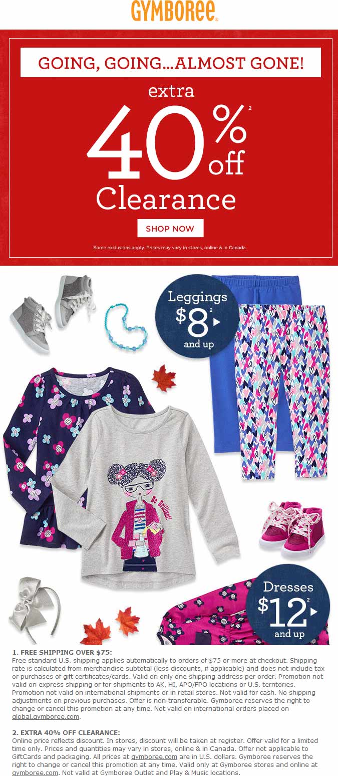 Gymboree Coupon April 2024 Extra 40% off clearance at Gymboree, ditto online