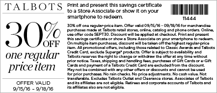 Talbots Coupon April 2024 30% off a single item at Talbots, or online via promo code SEPT30