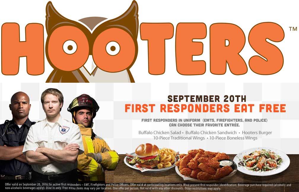 Hooters Coupon April 2024 First responders eat free Tuesday at Hooters