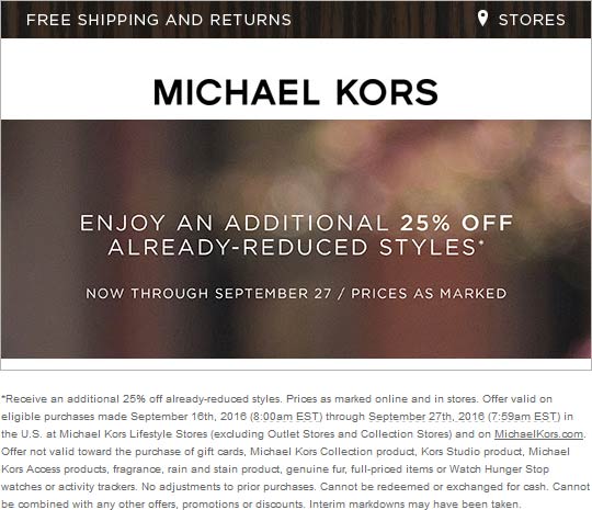 Michael Kors Coupon April 2024 Extra 25% off clearance at Michael Kors, ditto online