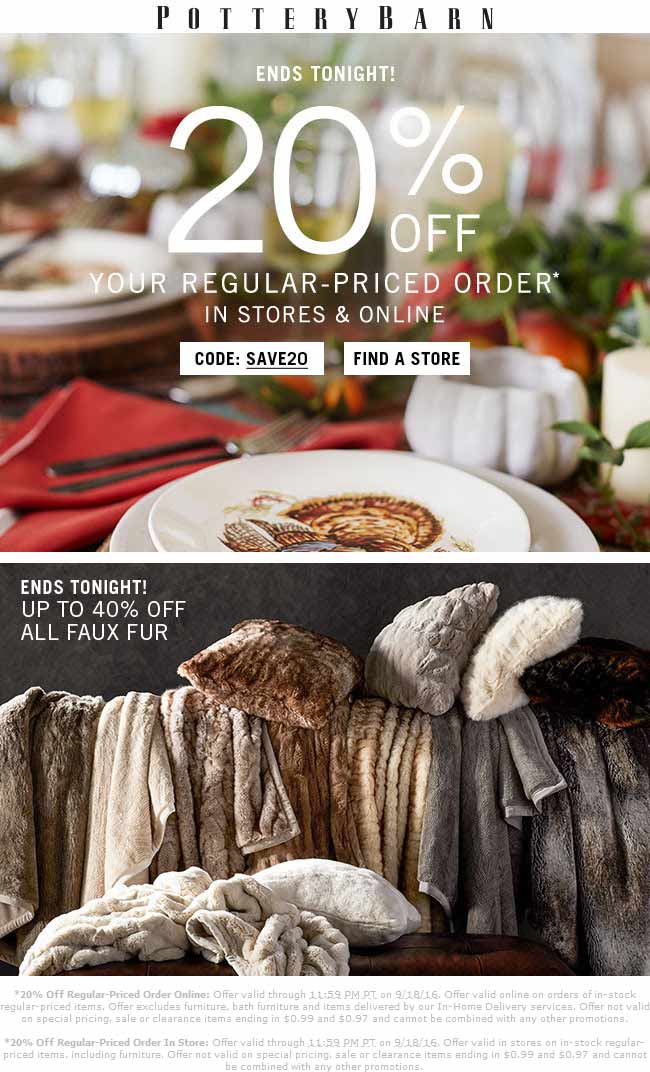 Pottery Barn Coupon April 2024 20% off today at Pottery Barn, or online via promo code SAVE20
