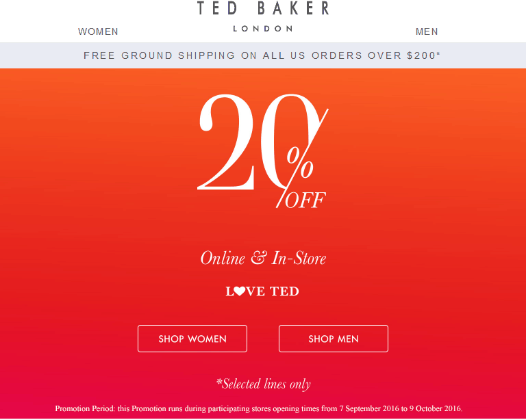 Ted Baker Coupon April 2024 20% off at Ted Baker, ditto online