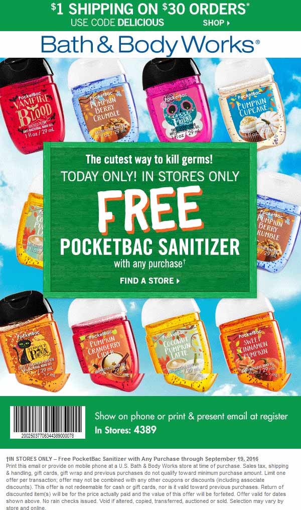 Bath & Body Works Coupon March 2024 Free hand sanitizer with any purchase today at Bath & Body Works