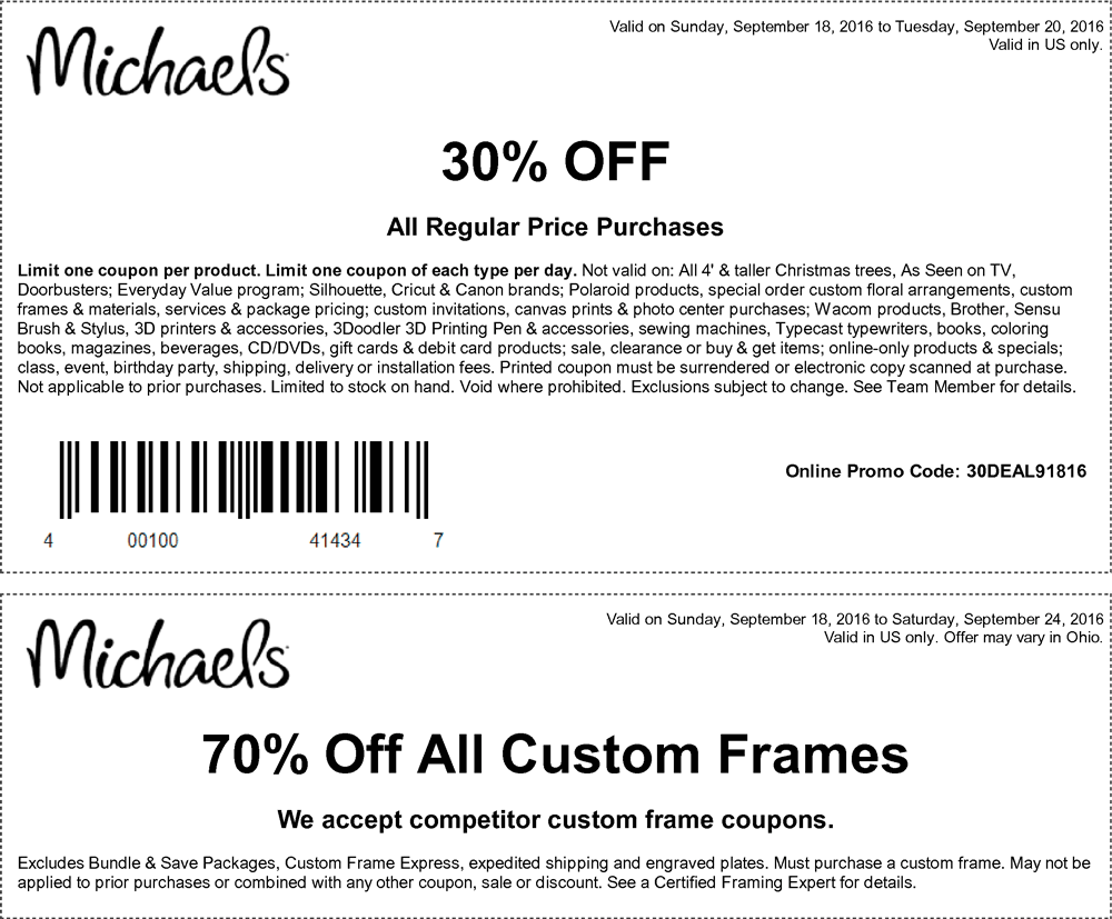 Michaels Coupon March 2024 30% off at Michaels, or online via promo code 30DEAL91816