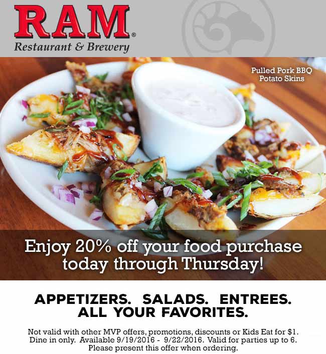 Ram Coupon April 2024 20% off at Ram restaurant & brewery