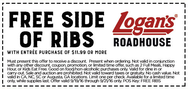 Logans Roadhouse Coupon April 2024 Free ribs with your entree at Logans Roadhouse