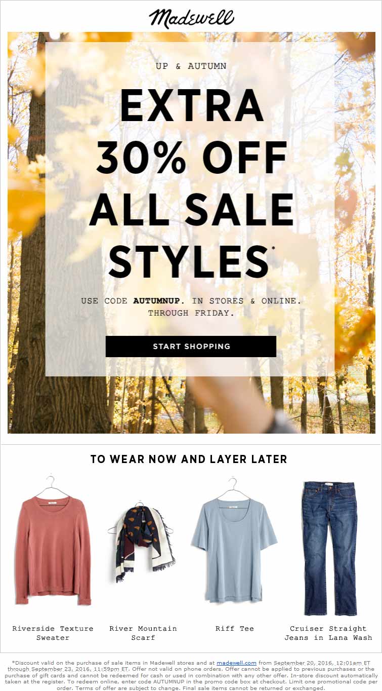 Madewell Coupon April 2024 30% off sale items at Madewell, or online via promo code AUTUMNUP