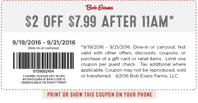 Bob Evans Coupon April 2024 $2 off $8 today at Bob Evans restaurants