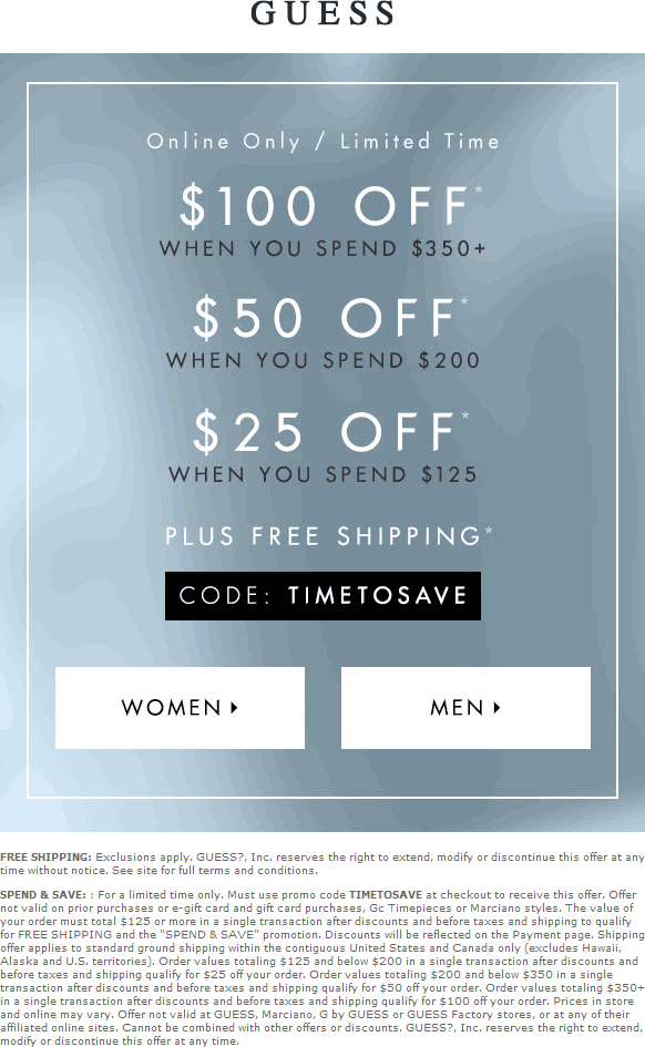 Guess Coupon April 2024 $25-$100 off $125+ online with free ship at GUESS via promo code TIMETOSAVE