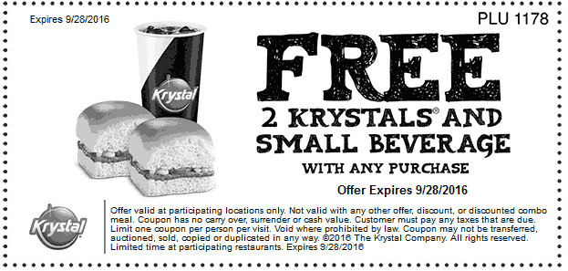 Krystal Coupon April 2024 2 burgers + beverage = free with any purchase at Krystal restaurants