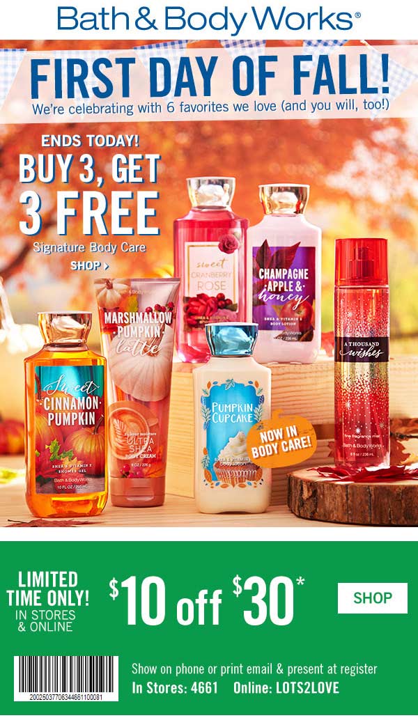 Bath & Body Works Coupon May 2024 $10 off $30 & 6-for-3 at Bath & Body Works, or online via promo code LOTS2LOVE