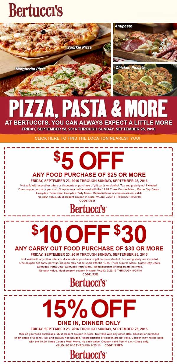 Bertuccis Coupon March 2024 $5-$10 off $25+ at Bertuccis restaurants