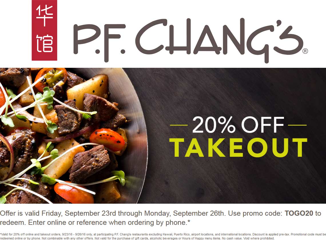 P.F. Changs Coupon April 2024 20% off online & phone orders at P.F. Changs restaurants via promo code TOGO20