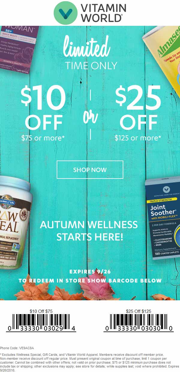 Vitamin World Coupon April 2024 $10 off $75 & more at Vitamin World, or online via promo code VE9AC8A