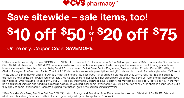 CVS Pharmacy Coupon April 2024 $10 off $50 & more on everything online at CVS Pharmacy via promo code SAVEMORE - includes sale items