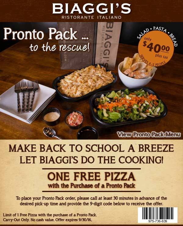 Biaggis Coupon March 2024 Free pizza with your pronto pack at Biaggis restaurants