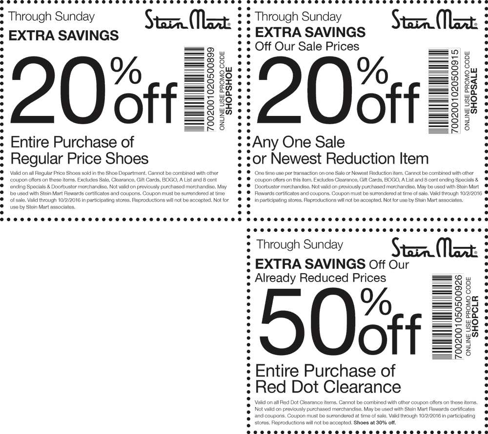 Stein Mart Coupon April 2024 Extra 50% off clearance & more at Stein Mart, or online via promo code SHOPCLR