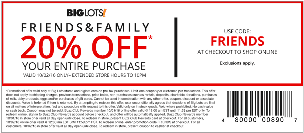 Big Lots Coupon April 2024 20% off everything Sunday at Big Lots, or online via promo code FRIENDS