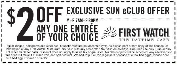 First Watch Coupon April 2024 $2 off an entree at First Watch daytime cafe