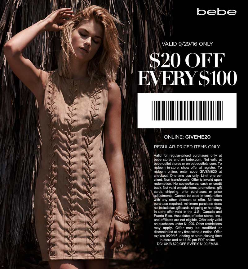 Bebe Coupon April 2024 $20 off every $100 today at bebe, or online via promo code GIVEME20