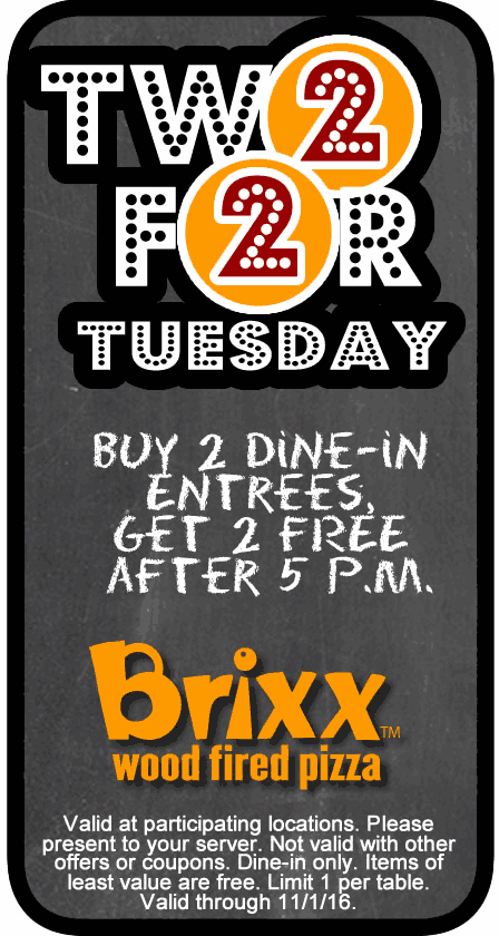 Brixx Coupon April 2024 4-for-2 Tuesdays at Brixx wood fired pizza