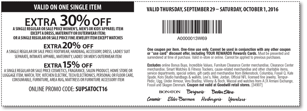 Carsons Coupon April 2024 Extra 30% off a single item at Carsons, Bon Ton & sister stores, or online via promo code SUPSATOCT16