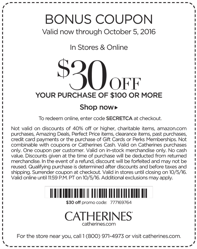 Catherines Coupon April 2024 $30 off $100 at Catherines, or online via promo code SECRETCA