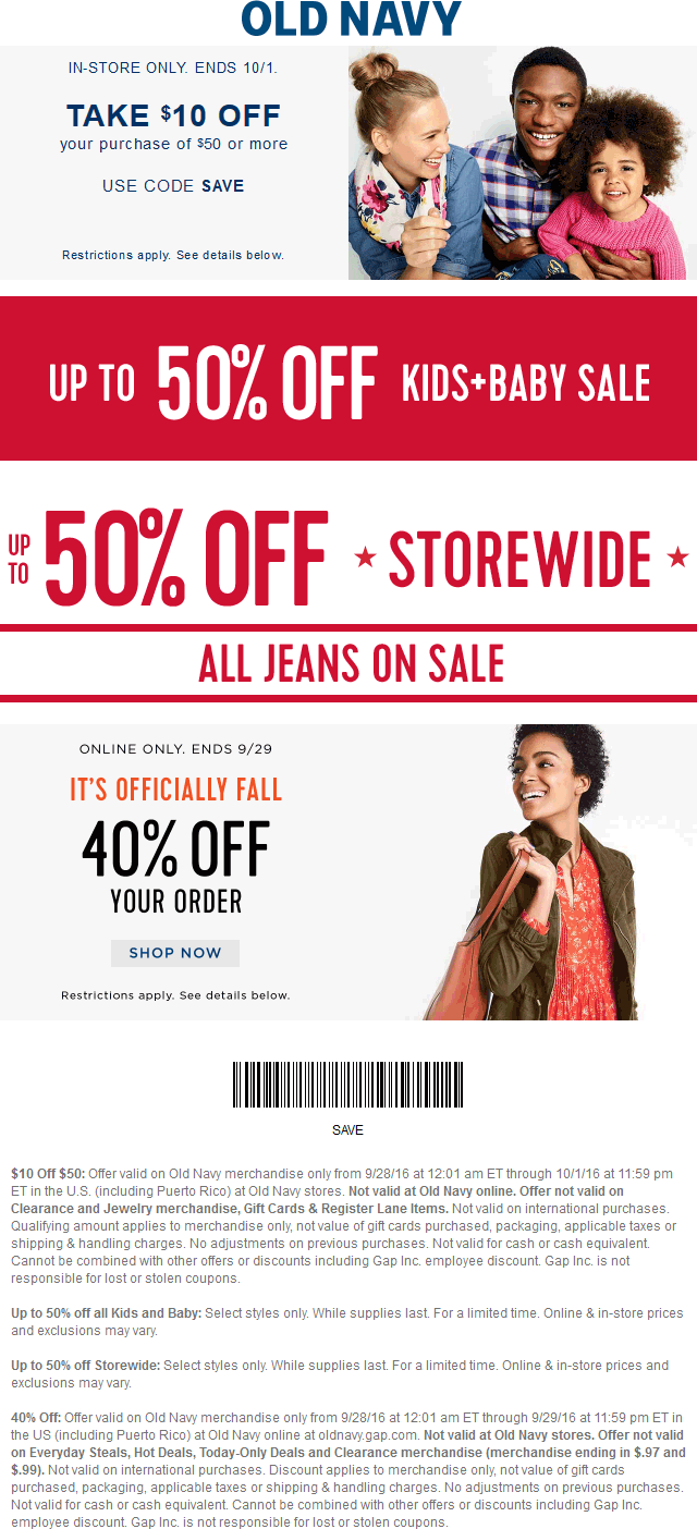 Old Navy Coupon April 2024 $10 off $50 & more at Old Navy, or online via promo code SAVE
