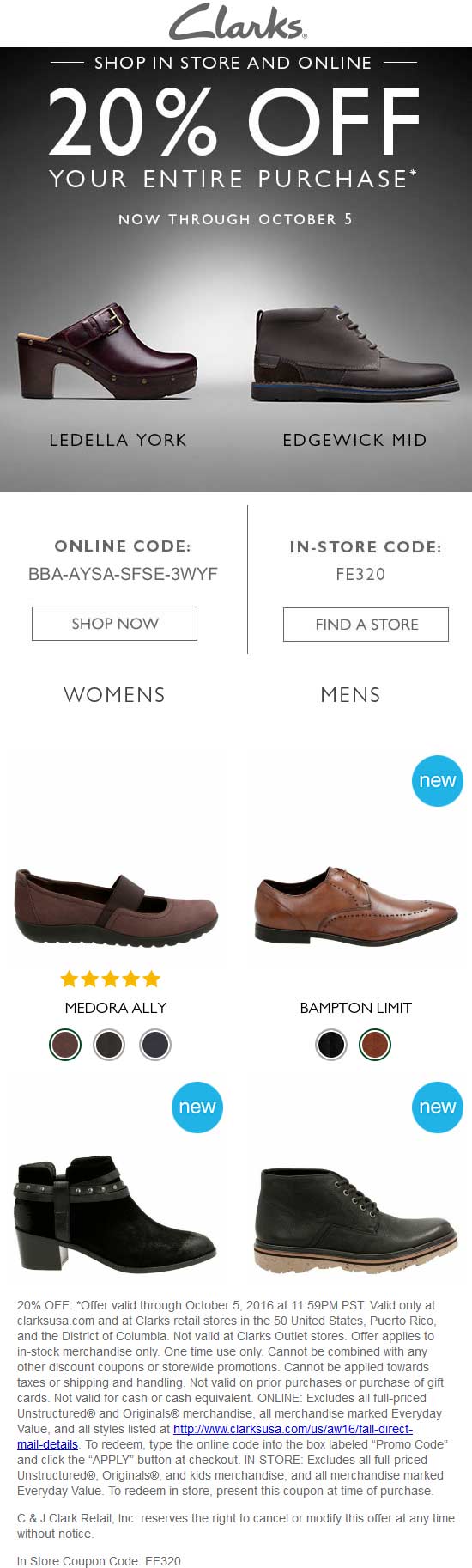 Clarks Coupon April 2024 20% off at Clarks shoes, or online via promo code BBA-AYSA-SFSE-3WYF