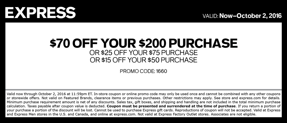 Express Coupon April 2024 $15 off $50 & more at Express, or online via promo code 1660
