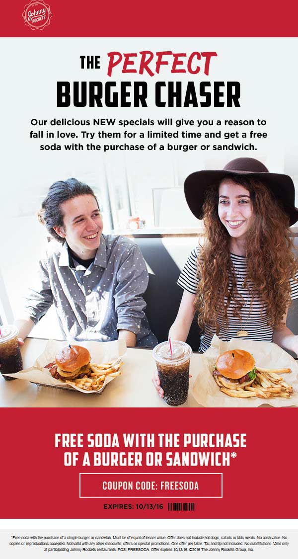 Johnny Rockets Coupon April 2024 Free soda with your burger or sandwich at Johnny Rockets