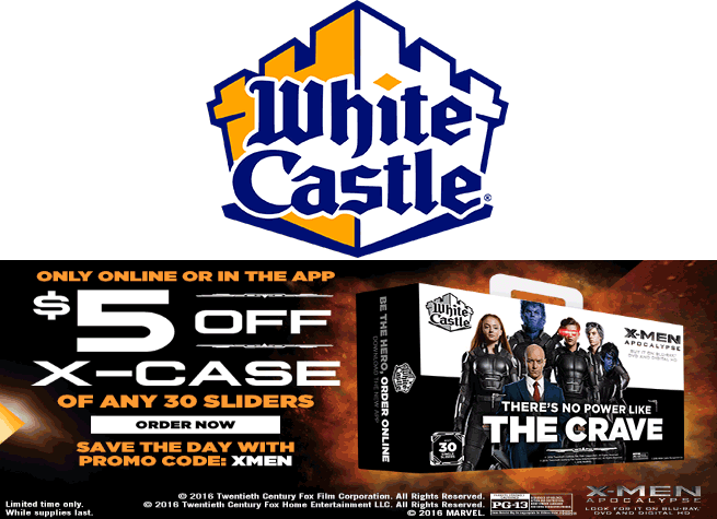 White Castle Coupon April 2024 $5 off a 30pack of sliders at White Castle via promo code XMEN