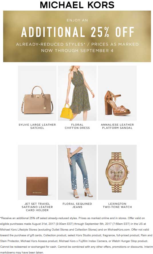 Michael Kors Coupon April 2024 Extra 25% off sale items at Michael Kors, ditto online