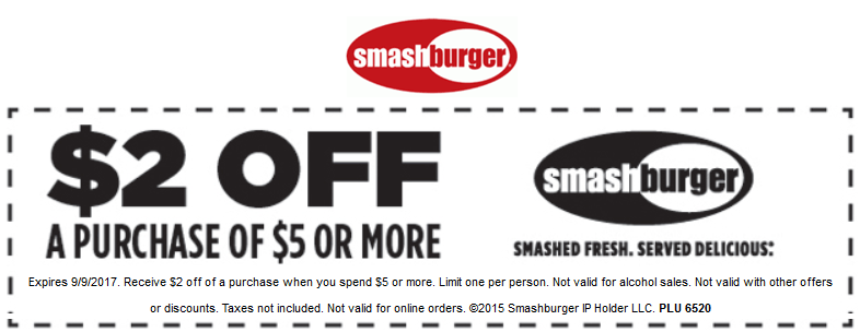 $2 off $5 at Smashburger restaurants Smashburger October 2025 Coupons