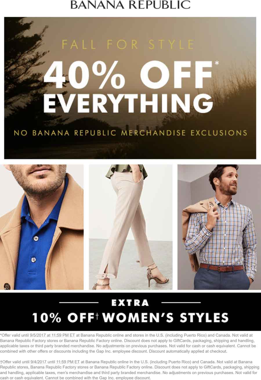 Banana Republic Coupon March 2024 40% off everything + another 10% off womens at Banana Republic, ditto online