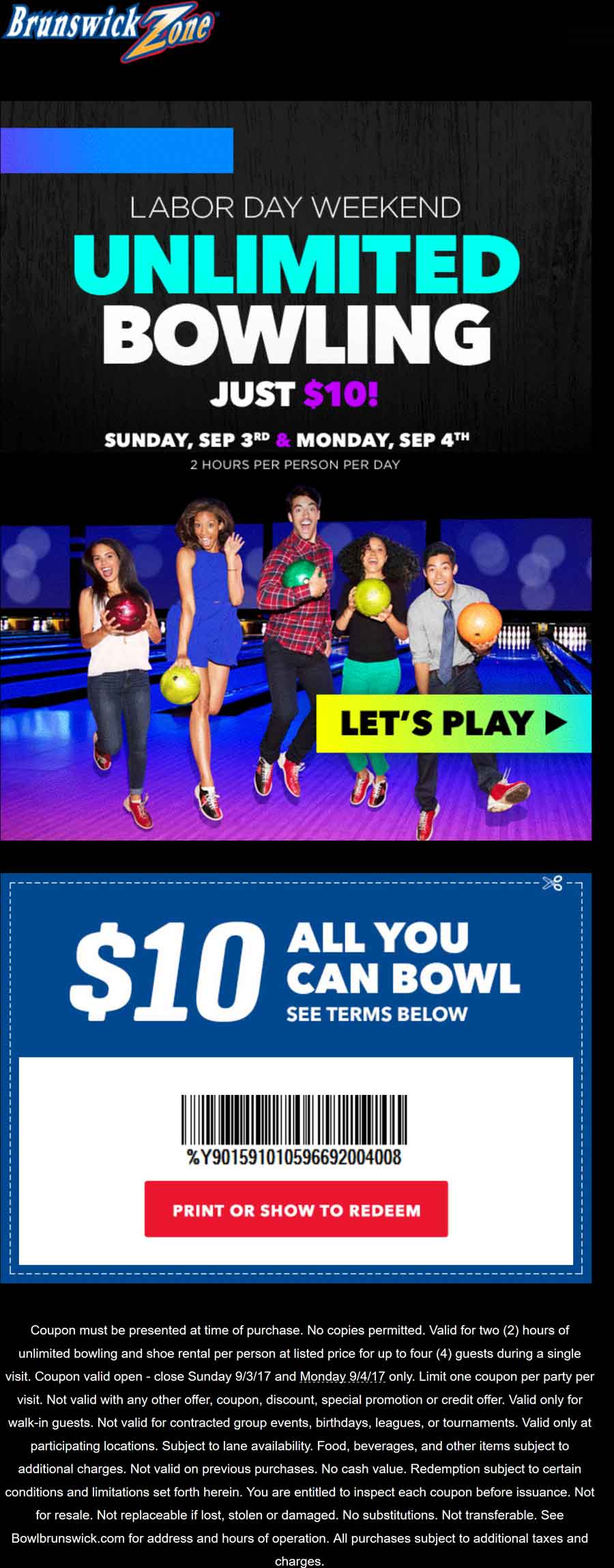 Brunswick Coupon April 2024 All you can bowl for $10 today at Brunswick bowling alleys