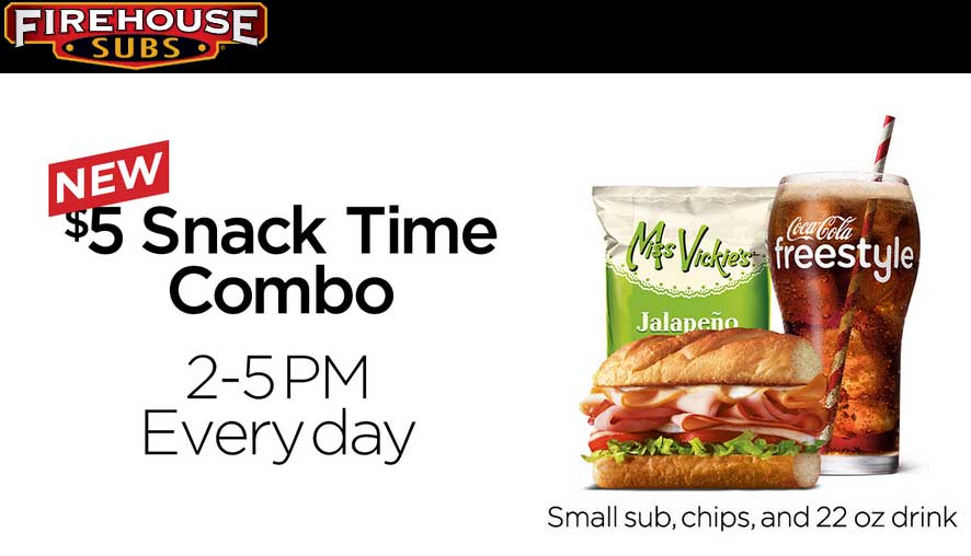 Firehouse Subs Coupon April 2024 $5 combo meal 2-5p daily at Firehouse Subs