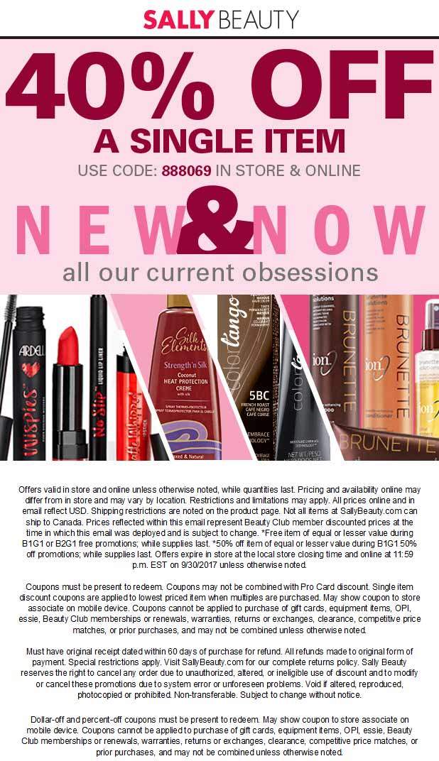 Sally Beauty Coupon April 2024 40% off a single item at Sally Beauty, or online via promo code 888069