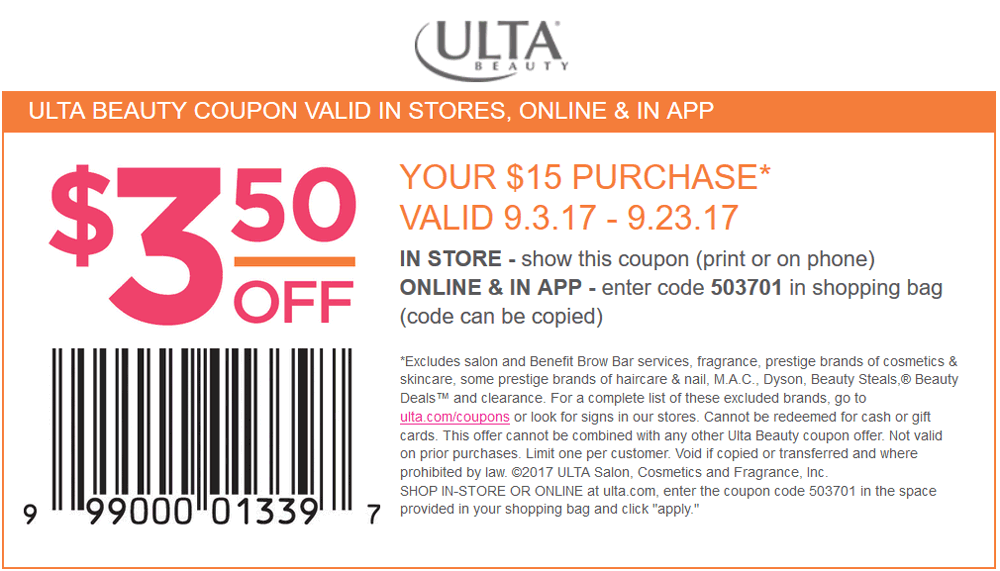 Ulta Beauty Coupon April 2024 $3.50 off $15 at Ulta Beauty, or online via promo code 503701