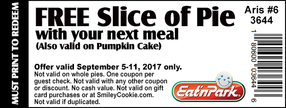 Eat N Park Coupon April 2024 Free pie or pumpkin cake with your meal at Eat n Park