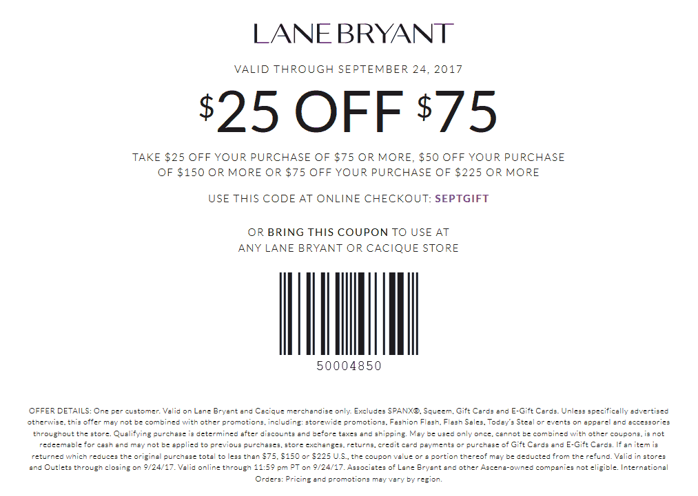 Lane Bryant Coupon April 2024 $25 off $75 at Lane Bryant, or online via promo code SEPTGIFT