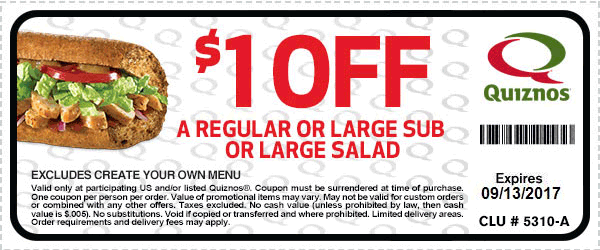 Quiznos Coupon April 2024 $1 off a sub or salad at Quiznos restaurants