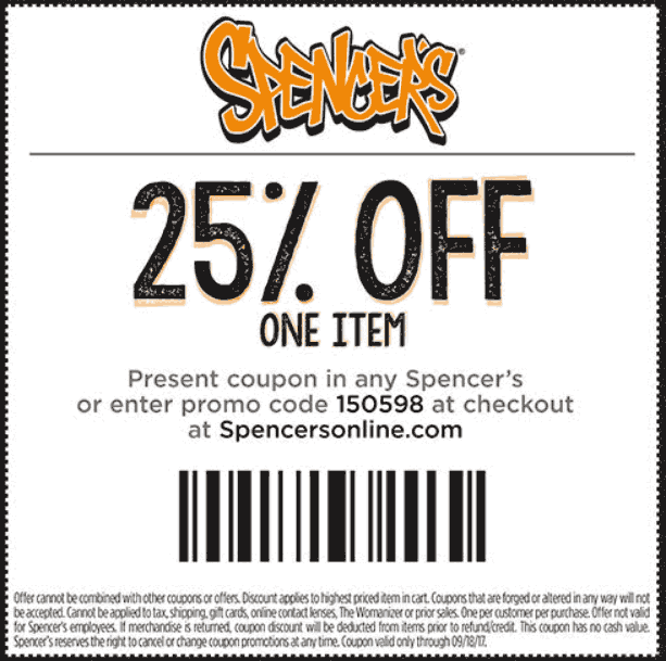 Spencers Coupon April 2024 25% off a single item at Spencers, or online via promo code 150598