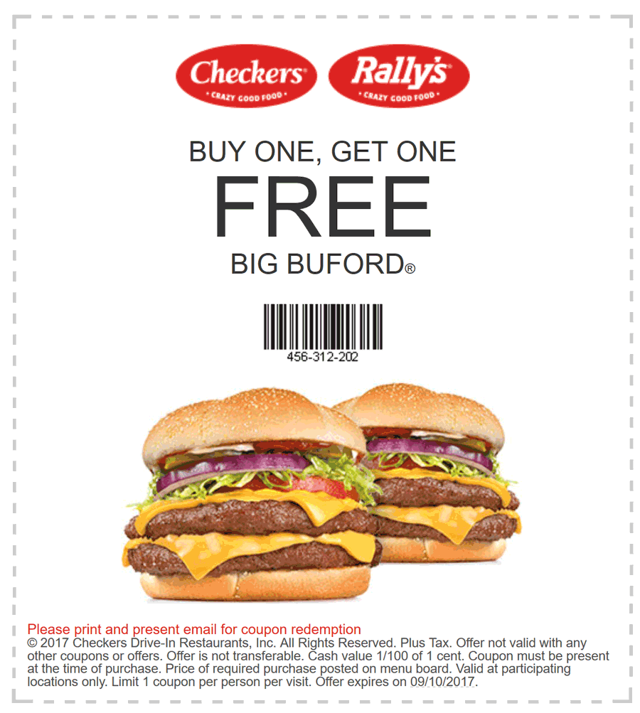 Checkers Coupon March 2024 Second double cheeseburger free at Rallys & Checkers restaurants