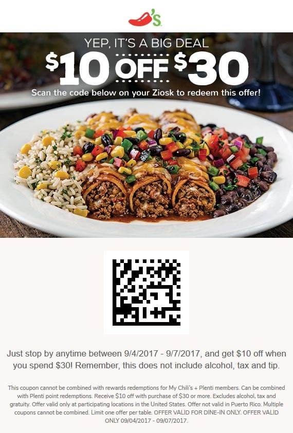 10 Off 30 Today At Chilis Restaurants