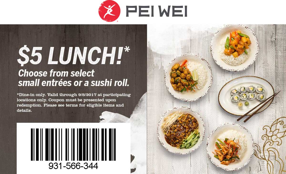 Pei Wei Coupon April 2024 $5 lunch at Pei Wei