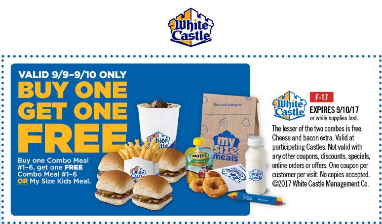 White Castle Coupon May 2024 Second meal free at White Castle