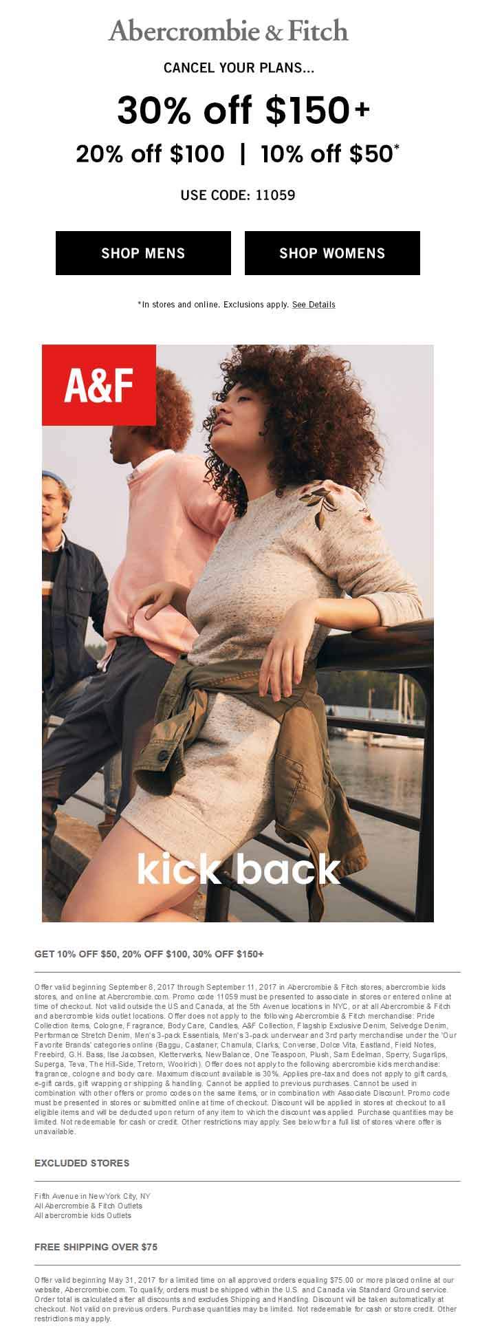 Abercrombie & Fitch Coupon March 2024 10-30% off $50+ at Abercrombie & Fitch, or online via promo code 11059