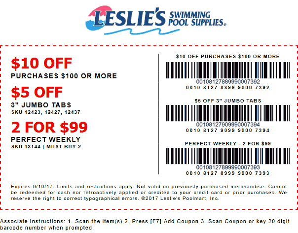 Leslies Pool Supplies Coupon April 2024 $10 off $100 at Leslies Pool Supplies